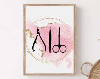 Nail Salon Tools Print, Pink Watercolor, Beauty Salon Decor (Digital Download)