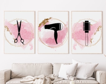 Abstrakter Friseur Salon Kunstdruck, Rosa und Gold Dekor (Digitaler Download)