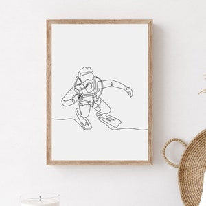 Minimalist Scuba Diver Wall Print, Printable Diving Poster, Black And White Scuba Gift, Scuba Home Decoration, Diving Wall Art, Digital Art
