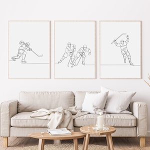 Printable Hockey Wall Art Set Of 3, Minimalist Hockey Line Art, Hockey Poster Digital Download, Hockey Player Gift, Hockey Drawing Print