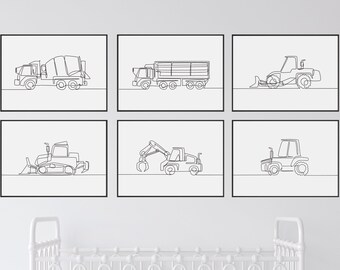 Vehicles Nursery Print Set, Minimalist Black and White Construction Wall Art (Digital Download)