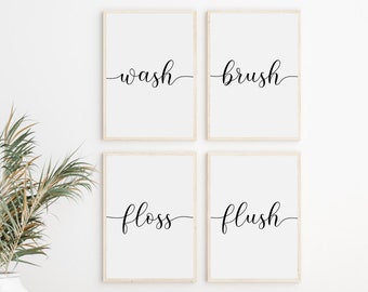 Minimalist Bathroom Art Prints, Wash Brush Floss Flush Set (Digital Download)