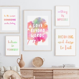 Zestaw inspirujących grafik ściennych 30, zestaw akwareli, plakat z motywującym cytatem, wydruk akwarelowy, pozytywne afirmacje, wystrój biura