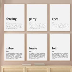 Art mural humoristique de définitions d'escrime, lot de 6 affiches imprimables de citation d'escrimeur, déco murale d'escrime drôle, cadeau pour la maison d'escrime