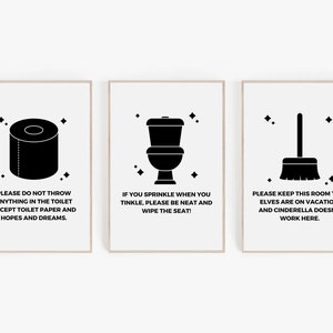 Funny Bathroom Wall Decor, Funny Toilet Rules Set Of 3, Printable Bathroom Poster Bundle, Black And White WC Wall Print, Bathroom Rules