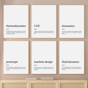 May include: Six framed art prints with black text on a white background. The prints feature the words "thermodynamics," "CAD," "kinematics," "prototype," "machine design," and "fluid dynamics."