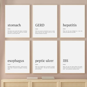 Puede incluir: Seis impresiones blancas enmarcadas con texto negro. Cada impresión presenta un término médico: estómago, ERGE, hepatitis, esófago, úlcera péptica e IBS, junto con una breve definición. Las impresiones se muestran en una pared de color claro.