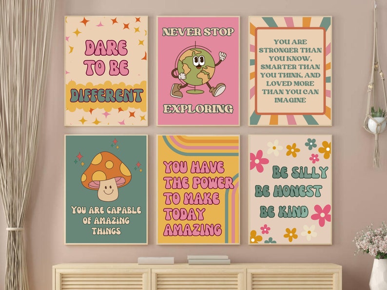 May include: Set of six colourful wall art prints with motivational quotes in a retro style. The prints feature a mushroom, a globe, and flowers.
