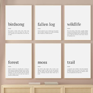 Juego de 6 impresiones de arte mural con la definición del bosque, pósteres imprimibles para habitación infantil, regalo para amantes de la naturaleza, arte humorístico del bosque para el hogar, decoración minimalista