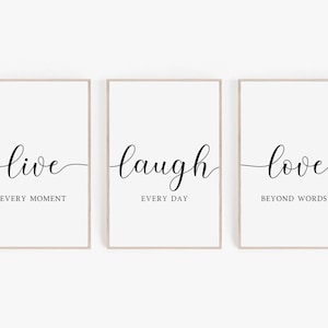 Live Love Laugh Print Set Of 3, Live Every Moment, Minimalist Inspiring Wall Art Bundle, Positive Affirmation Print Set, Digital Download