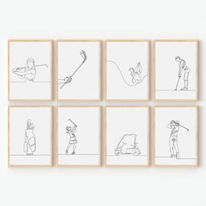 Golf Gallery Wall Set Of 8, Minimalist Golfing Line Art, Printable Golf Wall Art, Modern Golf Home Decor, Golfer Gift, Digital Download