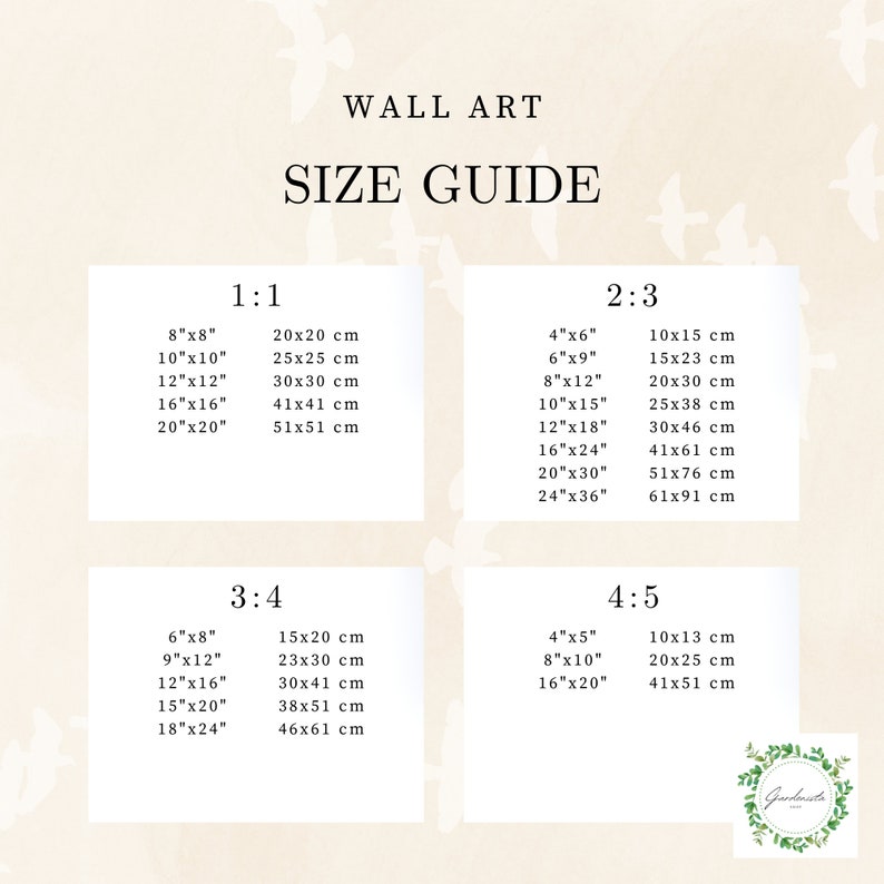 May include: A size guide for wall art prints, showing different size ratios and corresponding measurements in inches and centimetres. The guide includes ratios of 1:1, 2:3, 3:4, and 4:5.