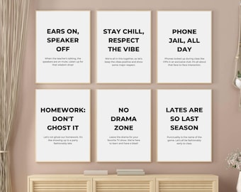 Funny Classroom Rules Print, Black and White High School Art (PDF)