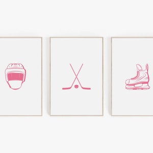 Pink Hockey Room Wall Decor Set Of 3, Girl Room Hockey Wall Art, Minimalist Girl Hockey Player Poster Bundle, Printable Girl Hockey Prints