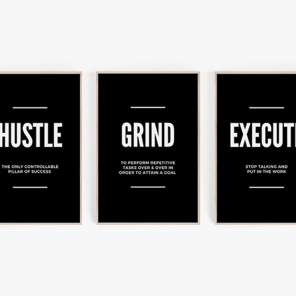 Hustle Grind exekutieren Print Set, motivierende Büro Wandkunst, schwarze Gym Wand Dekor, inspirierende Galerie Wand Set, druckbare Büro Poster