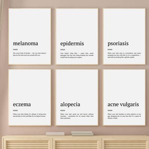 Grappige dermatologie Office Wall Art, dermatologie definitie poster set van 6, afdrukbare huidkliniek kunst, humoristische dermatoloog cadeau