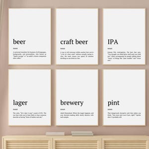 May include: Six framed art prints with definitions of beer-related terms: beer, craft beer, IPA, lager, brewery, and pint. Each print has a white background with black text, and a thin, light-coloured frame. The prints are displayed on a light-coloured wall.