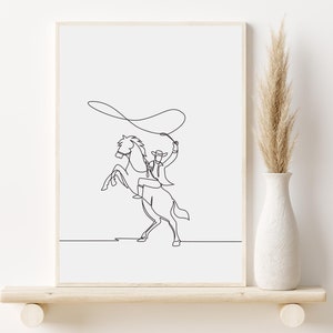 Minimalist Western Line Art, Cowboy Wall Print, Printable Horseback Riding Poster, Abstract Wild West Home Decor, Modern Southwest Rodeo