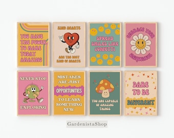 Retro Motivational Quote Wall Print Set Of 12, Inspirational Sayings For Kids, Fun Classroom Decor, Growth Mindset Wall Art , Boho Kids Room