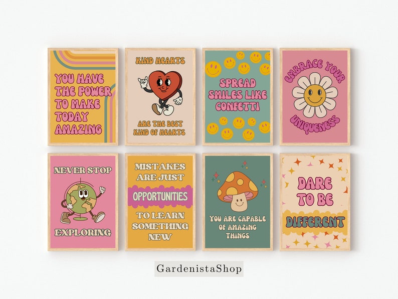 May include: Set of eight retro-style motivational posters with colourful backgrounds and illustrations. The posters feature positive messages such as "You have the power to make today amazing", "Kind hearts are the best kind of hearts", "Spread smiles like confetti", "Embrace your uniqueness", "Never stop exploring", "Mistakes are just opportunities to learn something new", "You are capable of amazing things", and "Dare to be different".