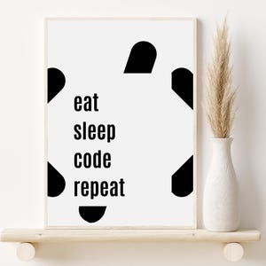 Op de afbeelding: Zwart-witte printbare wandkunst met de tekst "eat sleep code repeat" en abstracte vormen.
