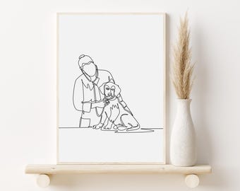 May include: Line art drawing of a veterinarian examining a dog with a stethoscope. The drawing is in black and white and is framed in a white frame. The frame is sitting on a wooden shelf.