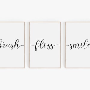 Simple Dentist Office Wall Art Set Of Three, Minimalist Typography Bathroom Print Bundle, Brush Floss Smile Saying, Dentist Gift Printable