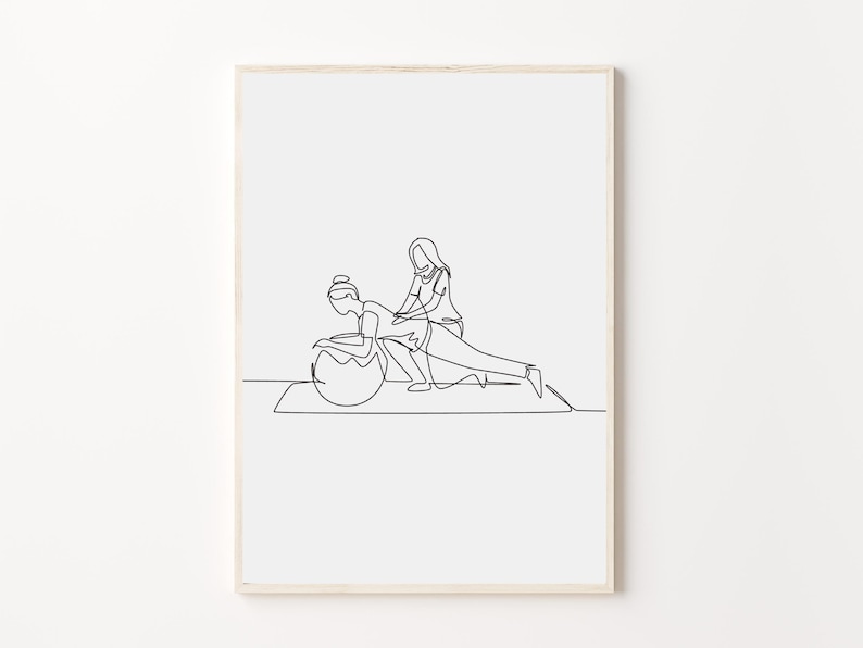 K&ouml;nnte beinhalten: Linienzeichnung einer Illustration von zwei Personen, die eine Core-&Uuml;bung mit einem Gymnastikball machen. Eine Person liegt mit ausgestreckten Beinen auf dem Ball, die andere Person steht hinter ihr und h&auml;lt ihre Beine.