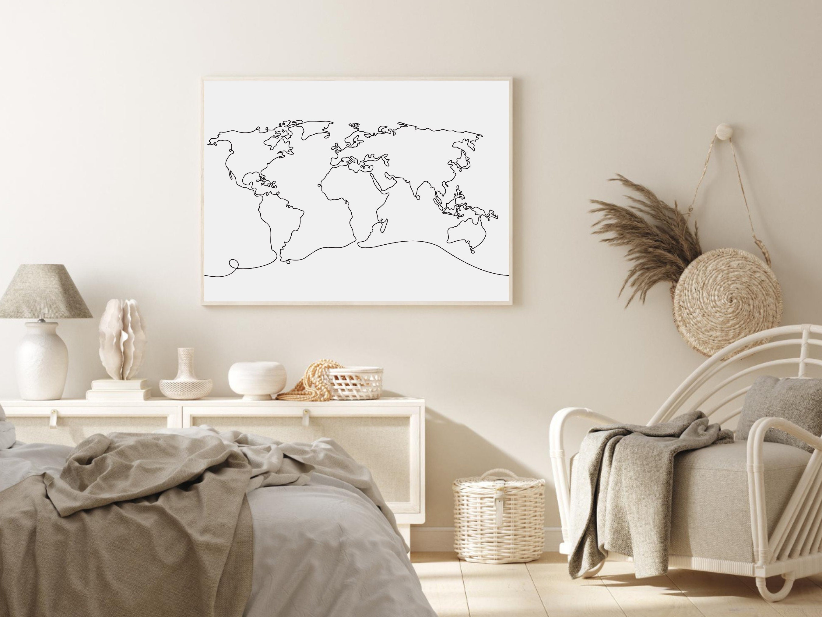 Minimalist World Map Line Art Print, Travel Home Decor (digital ...