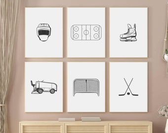 Minimalist Hockey Equipment Wall Print Set Of Six, Hockey Nursery Wall Art, Sport Themed Boy Room, Hockey Player Decor, Hockey Poster Set