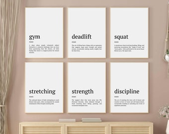 Könnte beinhalten: Sechs schwarz-weiße druckbare Poster mit Definitionen der Wörter Fitnessstudio, Kreuzheben, Kniebeugen, Dehnen, Kraft und Disziplin.