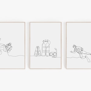 Minimalist Diving Gallery Wall Art Set, Scuba Diving Gift, Printable Scuba Diver Poster, Scuba Room Decoration, Modern Diving Wall Art