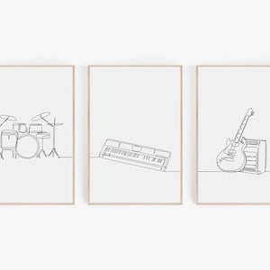 Rock Band Poster Set Of Three, Minimalist Music Poster Set, Drum Set Piano Electrical Guitar Print Set, Musician Room Wall Art, Home Decor