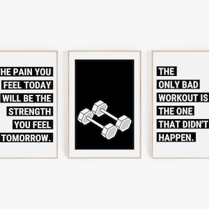Home Gym Wall Decor, Gym Wall Art, Black And White Home Gym Poster Set Of 3, Printable Workout Poster Bundle, Motivational Sports Quote Set