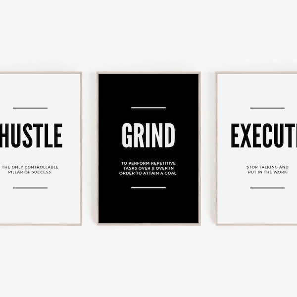 Work Definition Print Set, druckbare Gym Motivation Wandkunst, schwarz und weiß Büro Dekor, Hustle Grind ausführen Poster, Girl Boss Wandkunst