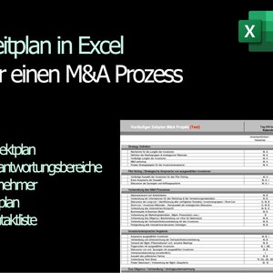 May include: A screenshot of a spreadsheet program with a green Excel icon in the top right corner. The spreadsheet is titled "Vorläufiger Zeitplan M&A Projekt (Test)" and contains a timeline for a merger and acquisition process. The spreadsheet is in German.