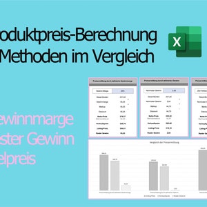 Könnte beinhalten: Ein Screenshot eines Tabellenkalkulationsprogramms, das drei verschiedene Methoden zur Berechnung von Produktpreisen zeigt: Gewinnmarge, fester Gewinn und Zielpreis. Die Tabelle zeigt die Berechnungen für jede Methode und ein Balkendiagramm, das die Ergebnisse vergleicht. Der Titel der Tabelle lautet "Produktpreisberechnung: 3 Methoden im Vergleich".