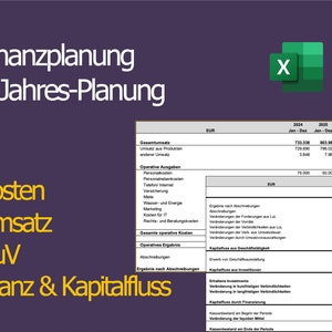 May include: A financial planning document with the title "Finanzplanung 3-Jahres-Planung" in white text on a dark purple background. The document includes financial data tables and an Excel icon in the upper right corner. The document includes the words "Kosten, Umsatz, GuV, Bilanz & Kapitalfluss".