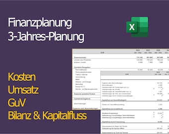 May include: A financial planning document with the title "Finanzplanung 3-Jahres-Planung" in white text on a dark purple background. The document includes financial data tables and an Excel icon in the upper right corner. The document includes the words "Kosten, Umsatz, GuV, Bilanz & Kapitalfluss".
