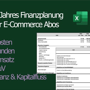 May include: A green and white spreadsheet with the title "3-Jahres Finanzplanung für E-Commerce Abos" and a table with financial data for the years 2024, 2025, 2026, and 2027. The table includes columns for "Gesamtumsatz", "Drekkauf", "Aktive Abomodelle", "Operative Ausgaben", "Personalkosten", "Personalnebenkosten", "Telefon Internet", "Versicherung", "Mete", "Wasser- und Energie", "Marketing", "Kosten für IT", "Rechts- und Beratungskosten", "Gesarste operative Kosten", "Operatives Ergebnis", "Abschreibungen", "Ergebnis nach Abschreibungen", "Veränderung in kurzfristigen Verbindlichkeiten", "Veränderung in langfristigen Verbindlichkeiten", "Kapitalfluss durch Finanzierung", "Kassenbestand am Beginn der Periode", "Kassenbestand am Ende der Periode".