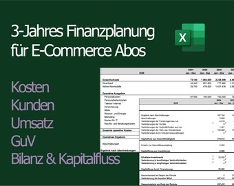 May include: A green and white spreadsheet with the title "3-Jahres Finanzplanung für E-Commerce Abos" and a table with financial data for the years 2024, 2025, 2026, and 2027. The table includes columns for "Gesamtumsatz", "Drekkauf", "Aktive Abomodelle", "Operative Ausgaben", "Personalkosten", "Personalnebenkosten", "Telefon Internet", "Versicherung", "Mete", "Wasser- und Energie", "Marketing", "Kosten für IT", "Rechts- und Beratungskosten", "Gesarste operative Kosten", "Operatives Ergebnis", "Abschreibungen", "Ergebnis nach Abschreibungen", "Change in short-term liabilities", "Change in long-term liabilities", "Capital flow through financing", "Cash balance at the beginning of the period", "Cash balance at the end of the period".
