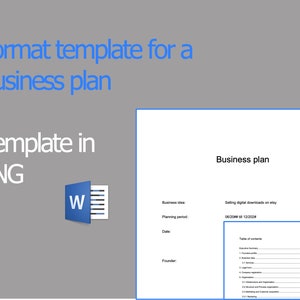 Könnte beinhalten: Eine Businessplan-Vorlage im Microsoft Word-Format. Die Vorlage enthält Abschnitte für die Geschäftsidee, den Planungszeitraum, das Datum, den Gründer und das Inhaltsverzeichnis. Die Geschäftsidee lautet "Verkauf digitaler Downloads auf Etsy".