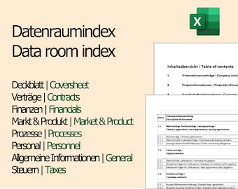 May include: A table of contents for a data room index, with headings in both English and German. The headings include "Coversheet", "Contracts", "Financials", "Market & Product", "Processes", "Personnel", "General", and "Taxes".