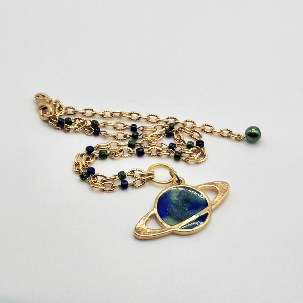 Green and Blue Resin Saturn Charm Necklace
