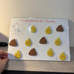 Peut inclure: Une carte blanche avec le texte "La propreté de Charlie" et des illustrations de toilettes, de larmes jaunes et d'emojis caca marron. Les emojis ont des visages souriants. La carte est tenue par une main.