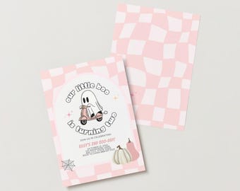 May include: Pink and white checkered invitation with a cartoon ghost riding a pink scooter. The text reads "our little boo is turning two" and "Riley's 2nd Boo-Day!"