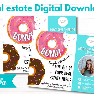 Donut Forget Me Real Estate のポップバイフライヤー | 不動産業者紹介ポストカード | エージェント向け編集可能なマーケティングデジタルダウンロード