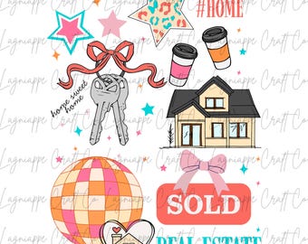 Real Estate Trendy PNG | Realtor Aesthetic Clipart | Real Estate Agent Digital Download | Cute Sold Sign, House Keys, Coffee