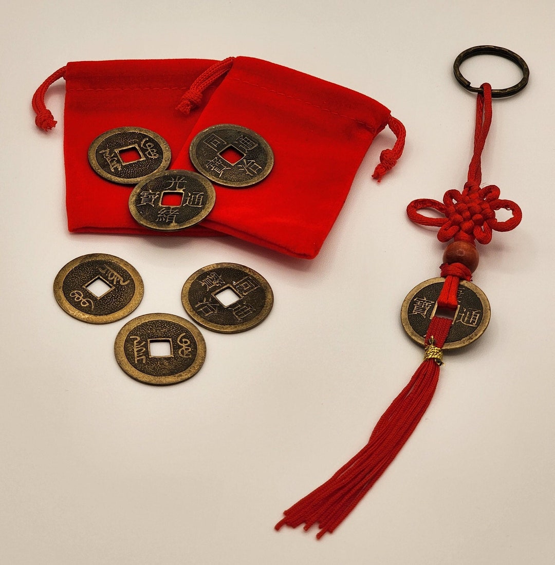 Two Feng Shui Red Velvet Bags With Six Chinese Coins and a Mystic Knot
