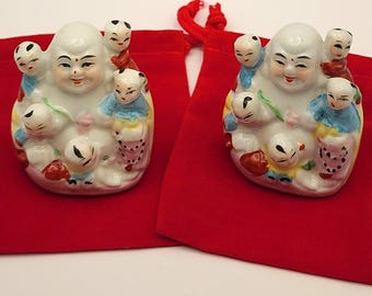 Feng Shui Laughing Buddha with Children Set 2 Glass Statues & Red Pouches for Family Protection, Fertility Blessings, Guardian of the Young